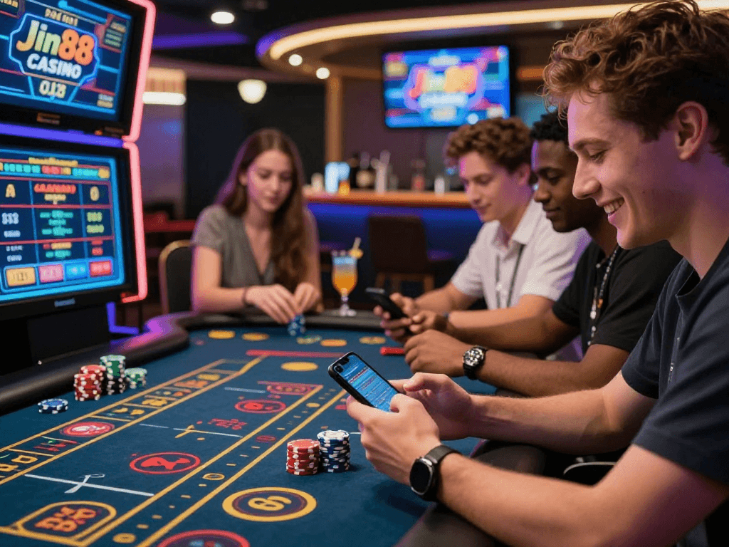 sòng bạc Jin88: Người chơi tham gia vào bàn game hiện đại với ánh sáng màu sắc và khung cảnh sôi động