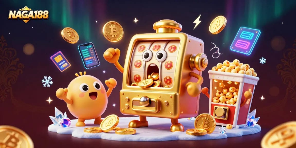 NAGA188 menampilkan mesin slot emas kartun merayakan kemenangan jackpot dengan koin berhamburan, menyuguhkan sensasi judi.