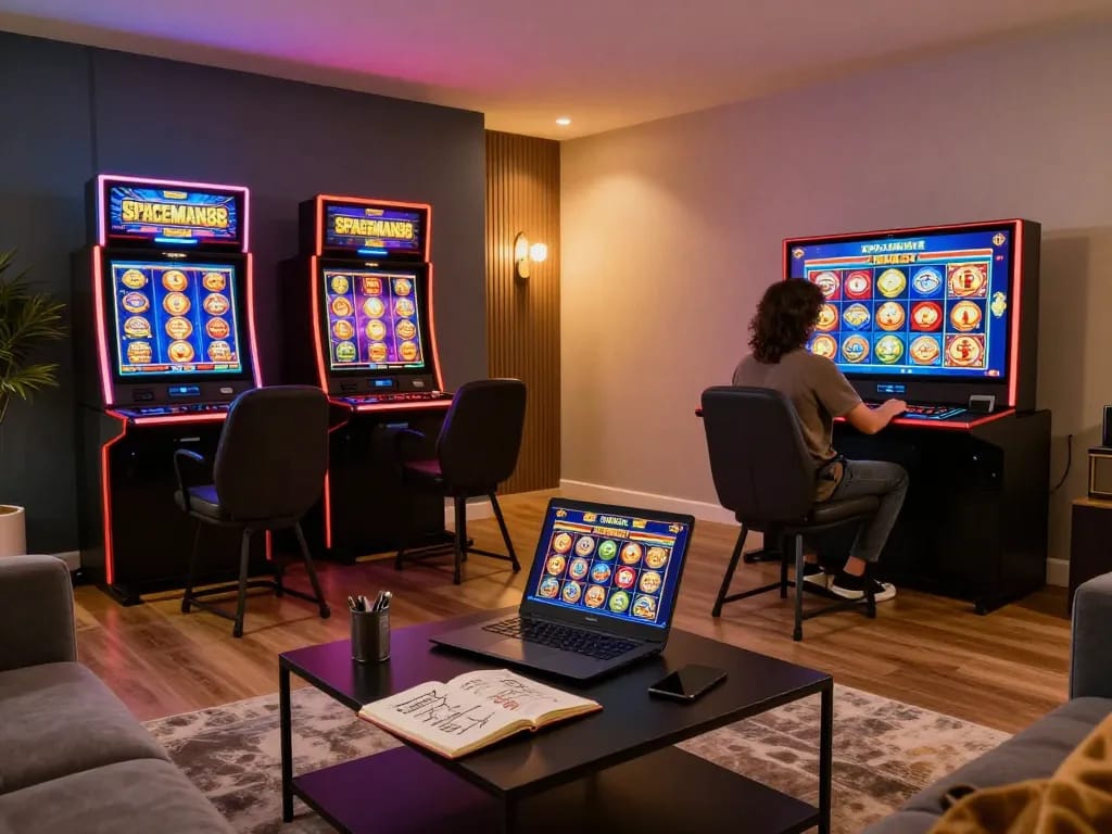 Engaging user at SPACEMAN88 situs slot on laptop displaying vibrant games and strategy notes in cozy home setting.