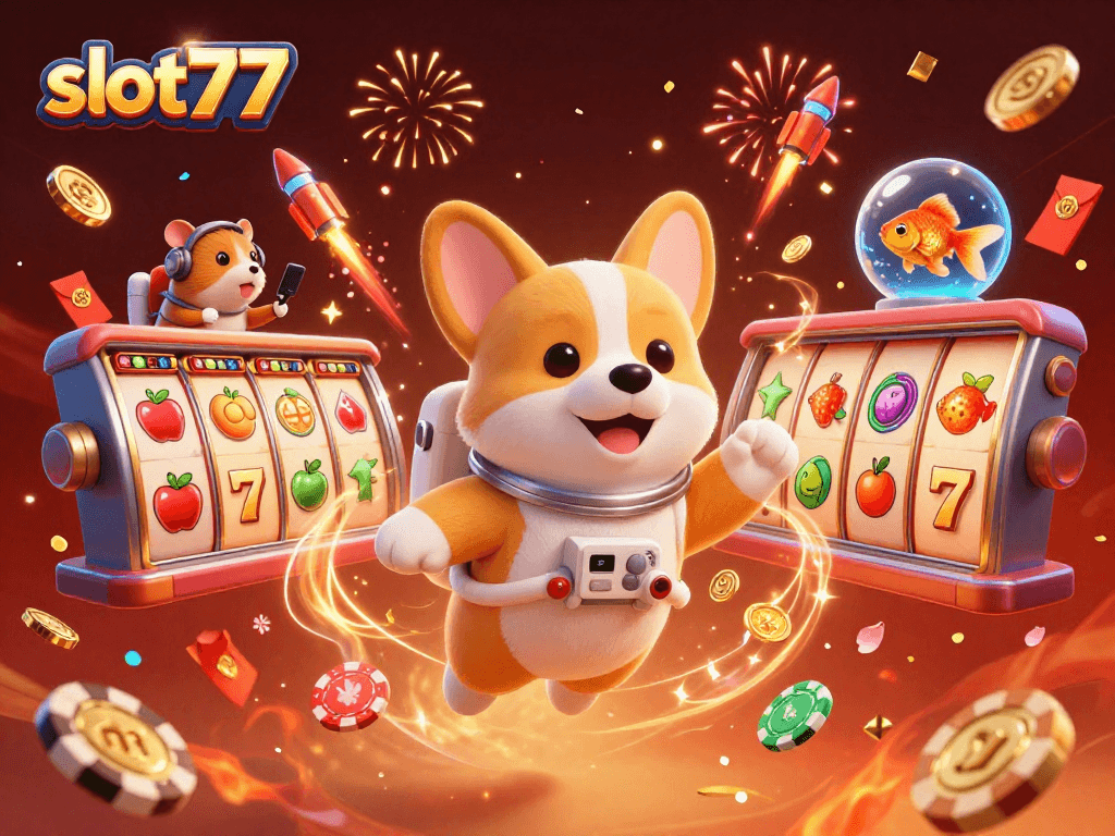 Play slot777 with vibrant characters in a dynamic casino scene filled with gaming elements.