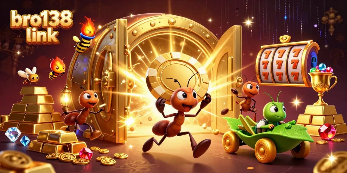 Ants executing a heist while featuring the bro138 link in a vibrant casino-themed scene.