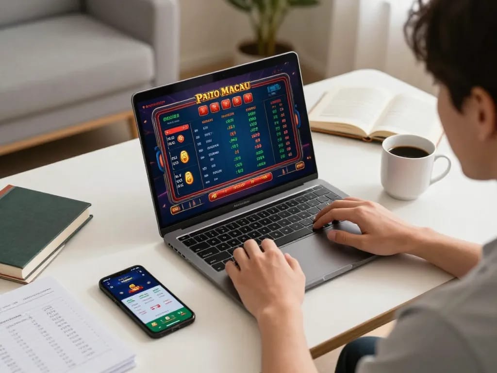 Paito Macau gaming session in a cozy home office setup with vibrant screens.