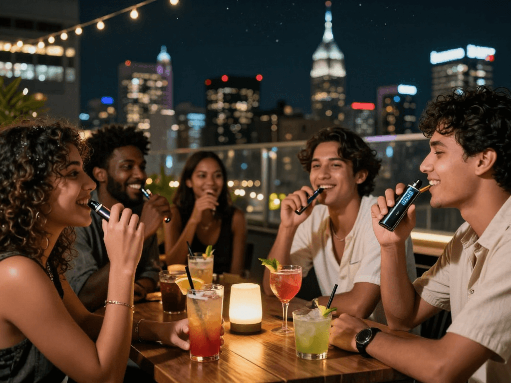 Friends enjoying vibrant nightlife featuring rokok88 vape device on rooftop bar