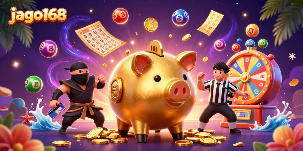 Experience thrilling gameplay at Jago168 with colorful coins and dynamic action from the piggy bank sumo wrestler.