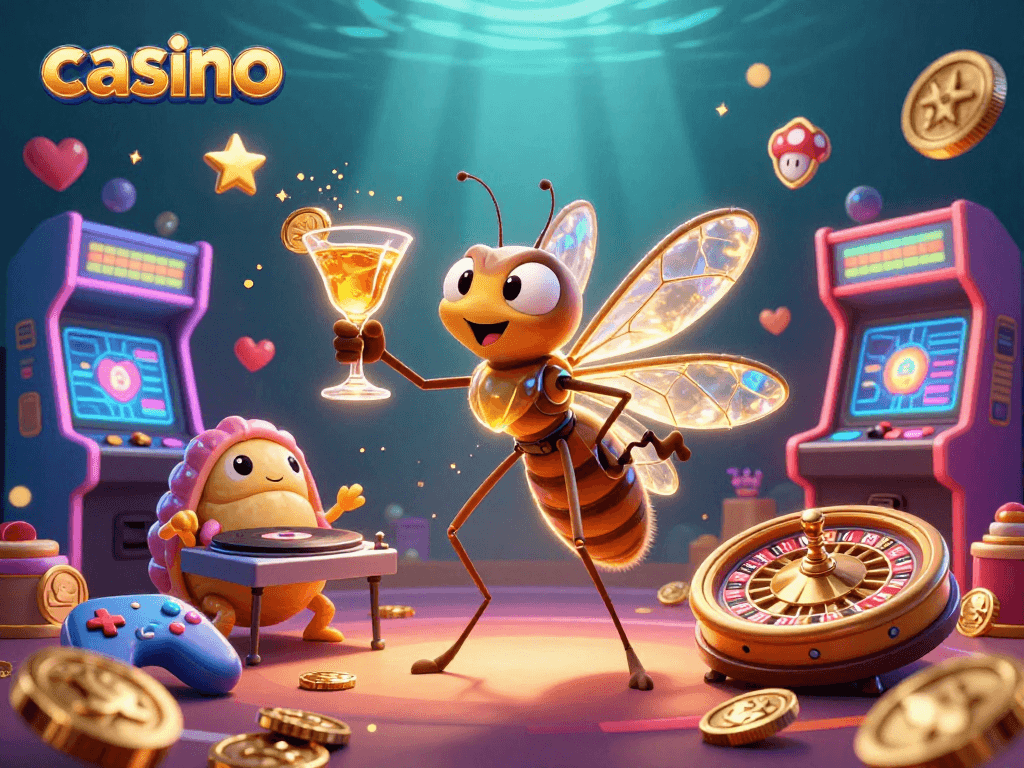 Experience the vibrant casino scene with a frozen mosquito mascot, trilobite DJ, and roulette wheel.