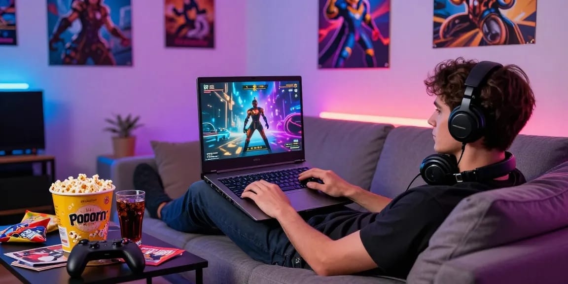 Engaging scene of an individual playing a porngame on a laptop in a cozy gaming setup.