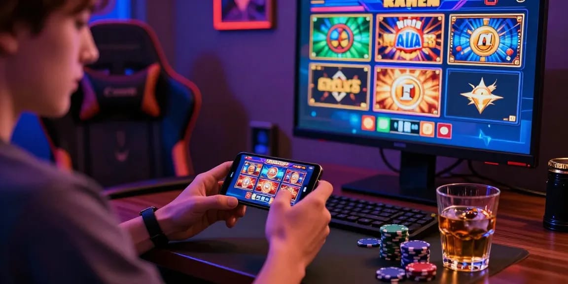 Engaging scene of a user enjoying slot depo 1000 on a smartphone with vibrant gaming atmosphere
