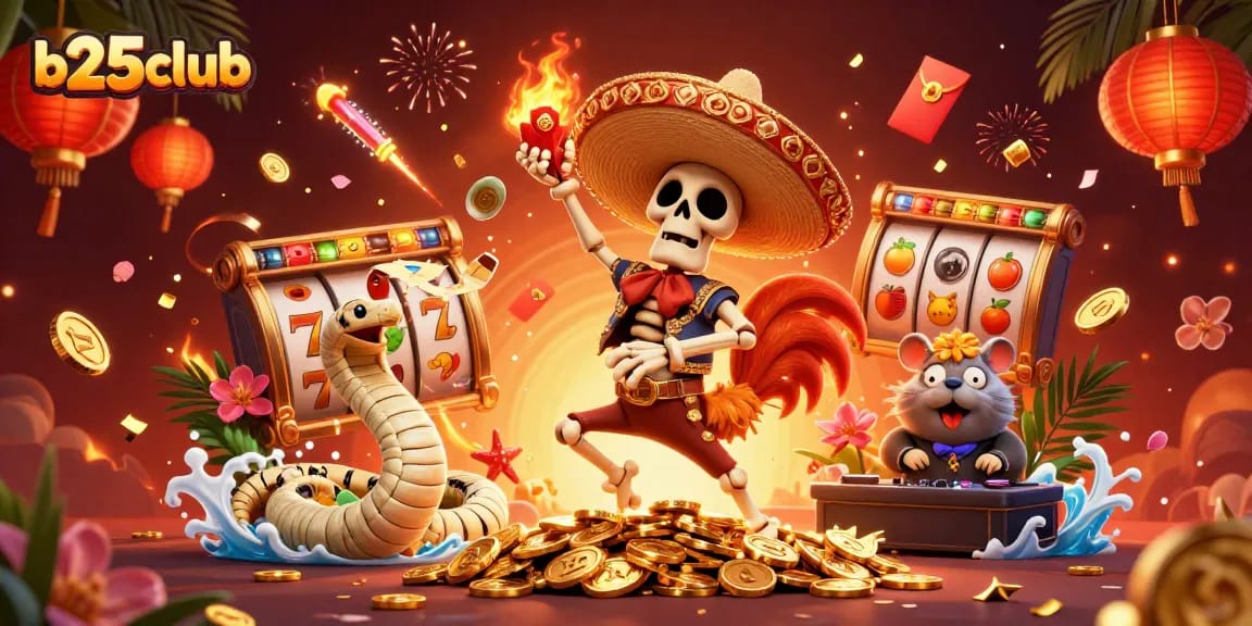 Experience the vibrant excitement of b25club with animated casino characters winning on a backdrop of slot elements.