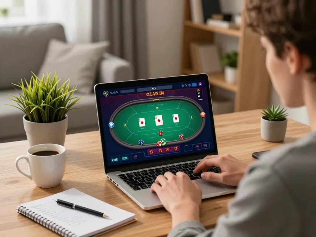 Player strategizing on rokok88 poker game in a cozy living room setting while taking notes.