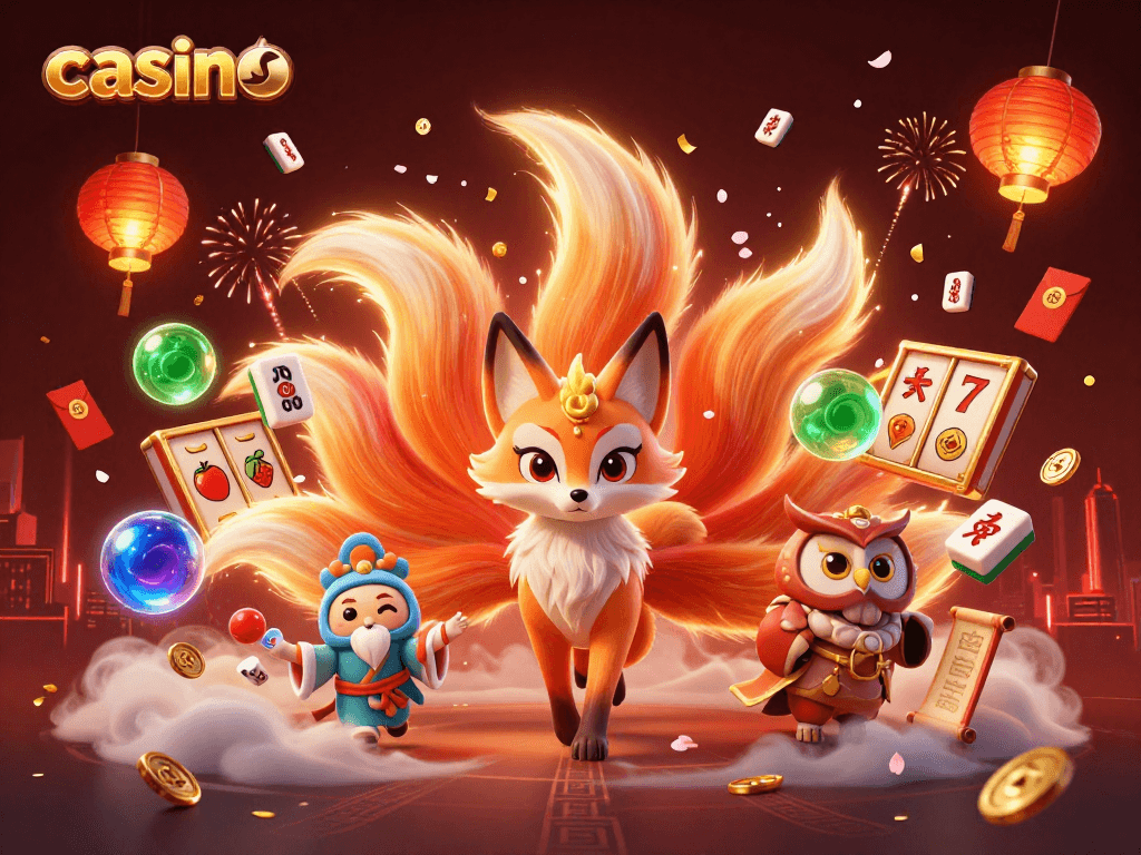 Experience the vibrant casino scene with the mystical fox spirit amid lively gaming elements.