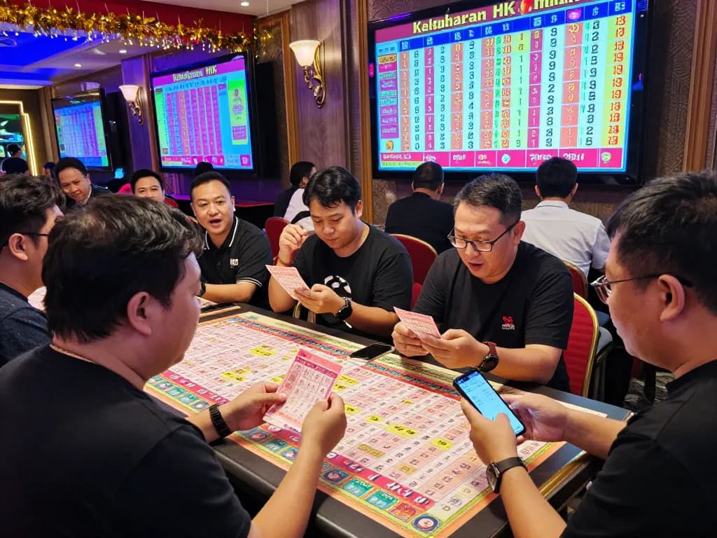 Players celebrating Keluaran HK Malam Ini during an exciting Togel Hongkong game night, surrounded by colorful screens and festive decor.