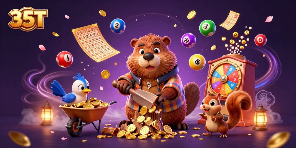 Engage with 35T's vibrant casino promotion featuring a lively beaver, bird, and squirrel in a gold-fueled gaming adventure.