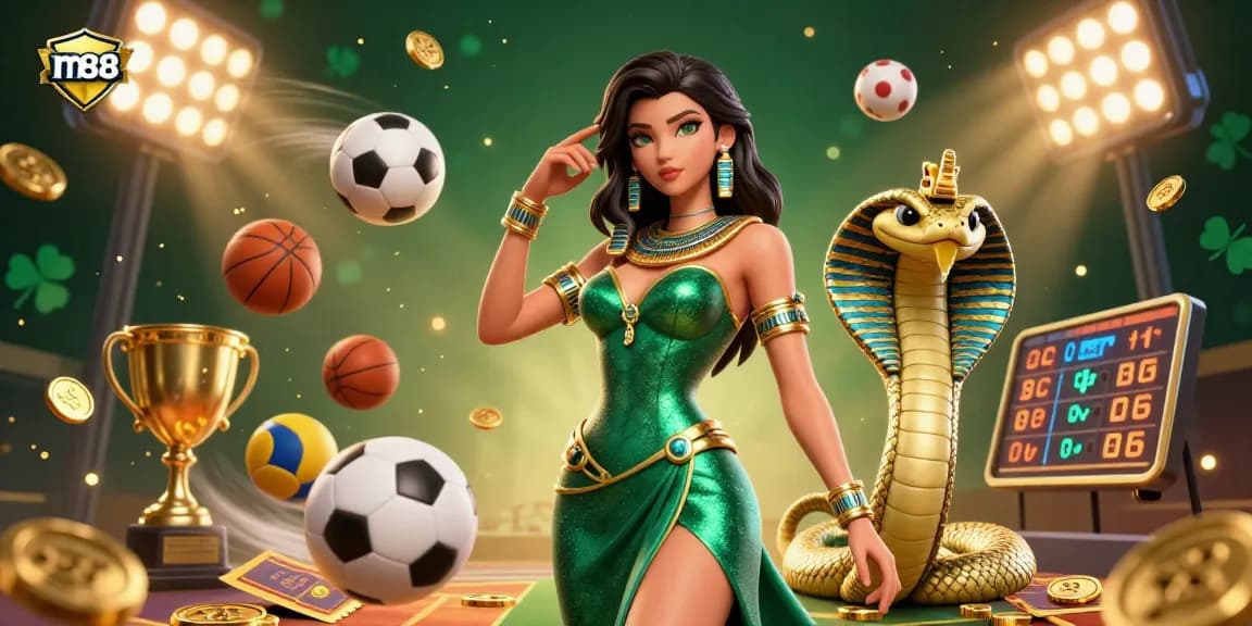 Experience the thrill of m88 with an engaging 3D illustration featuring an emerald-clad woman and dynamic sports elements.