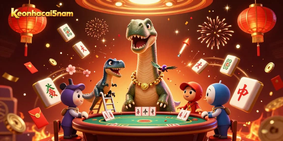 Engage with keonhacai5nam in a vibrant 3D casino scene featuring a brontosaurus and raptor.