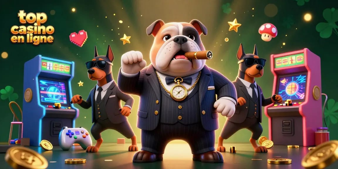 Illustration d'un bulldog mafia, représentant le top casino en ligne avec des éléments de jeu de casino.