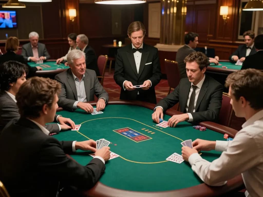 RR88 NAVY poker players strategizing their next move at a luxury casino table, illuminated by warm ambient lighting.