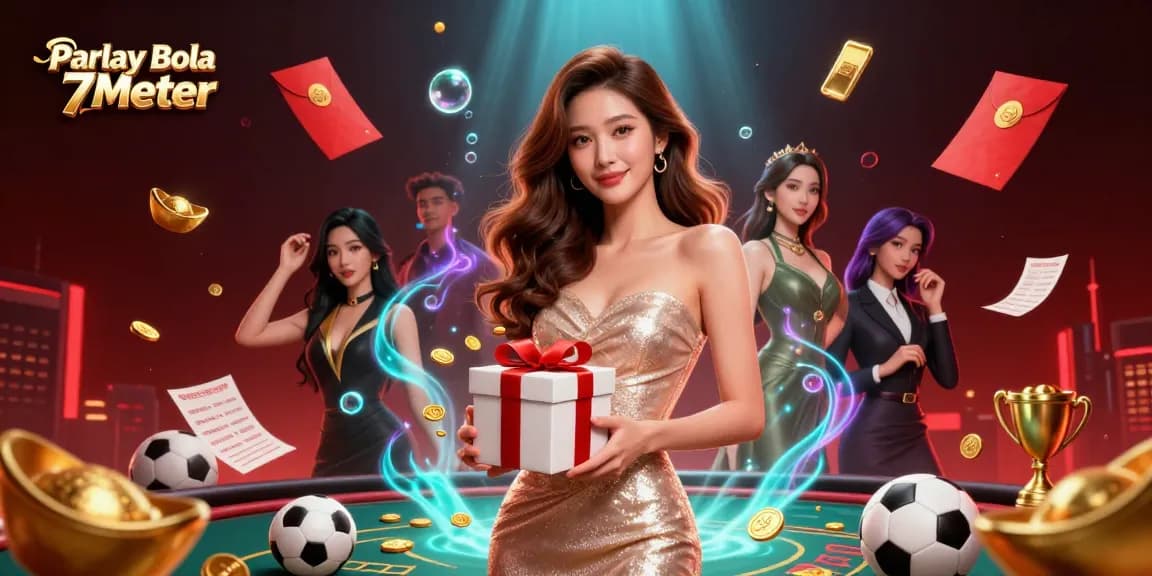 Engage with Parlay Bola 7Meter, featuring a stunning Asian woman holding winning betting slips and coins in a festive casino setting.