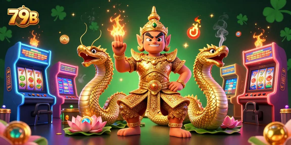 Experience 79B's vibrant gameplay with dynamic casino characters and elements in this colorful 3D illustration.