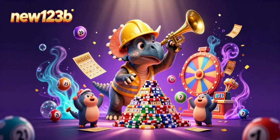 Win big with new123b at a vibrant 3D gambling celebration featuring poker chips and lottery elements.