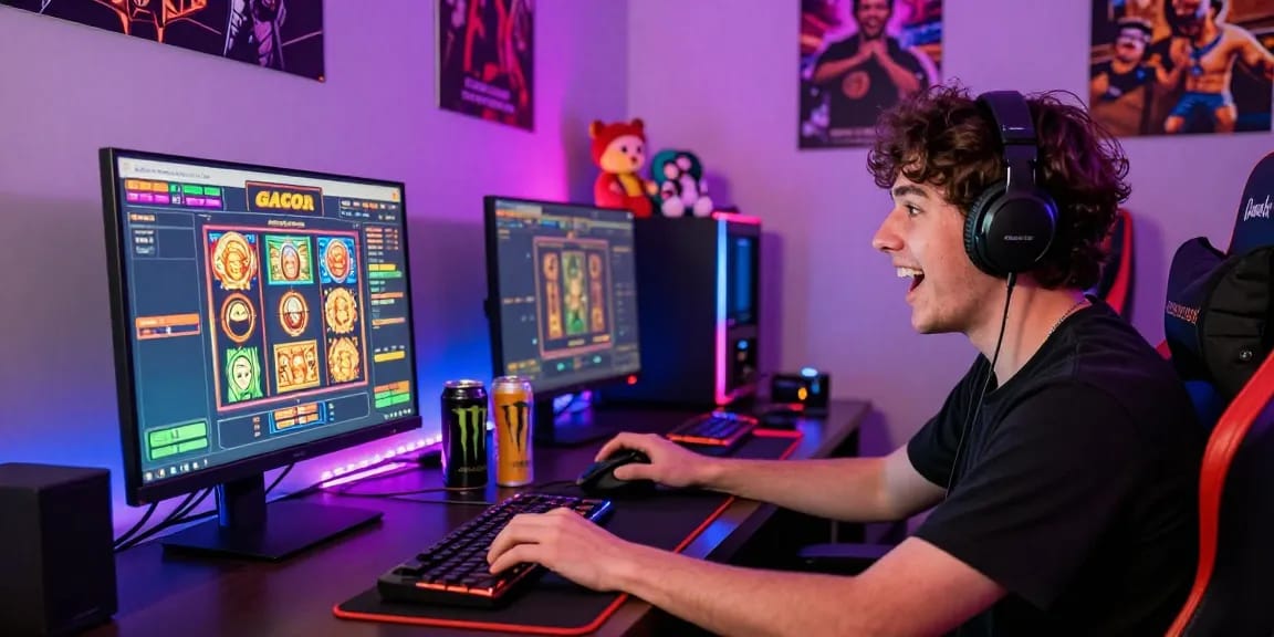 Excited player engaging with slot gacor game on computer at home.