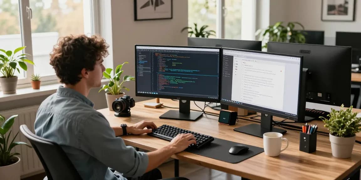 Developer workspace showcasing the 纸飞机中文版官网 on multiple screens, inspiring innovation and productivity.