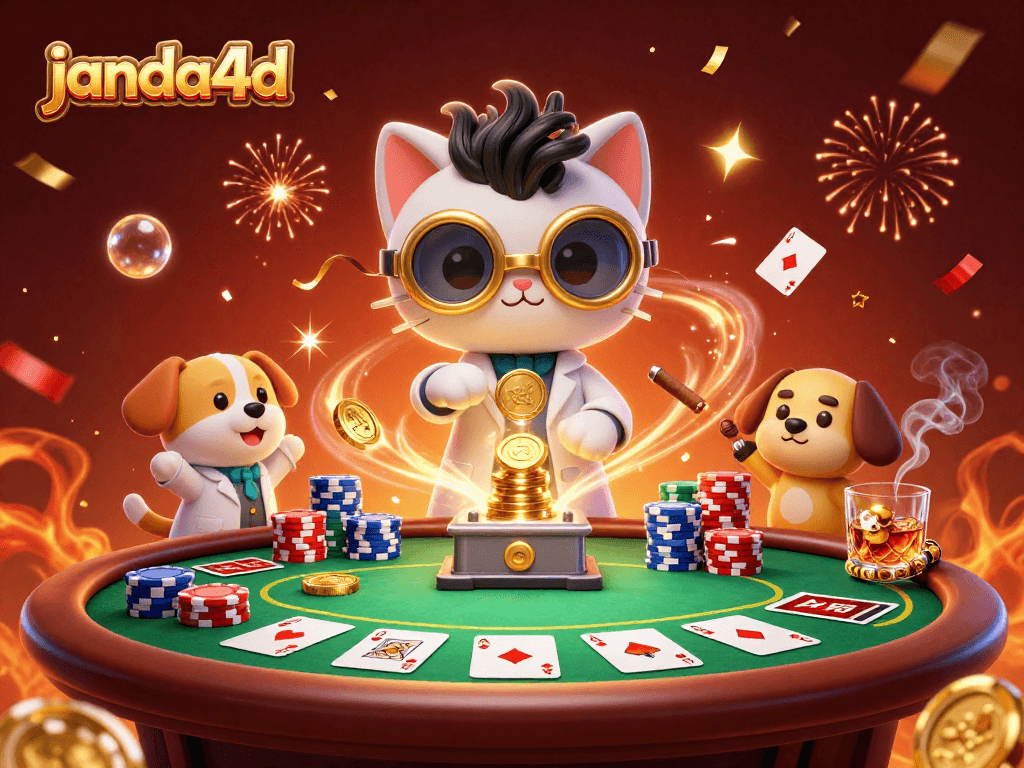 Memenangkan permainan di janda4d dengan ilustrasi kasino yang penuh aksi dan detail berwarna