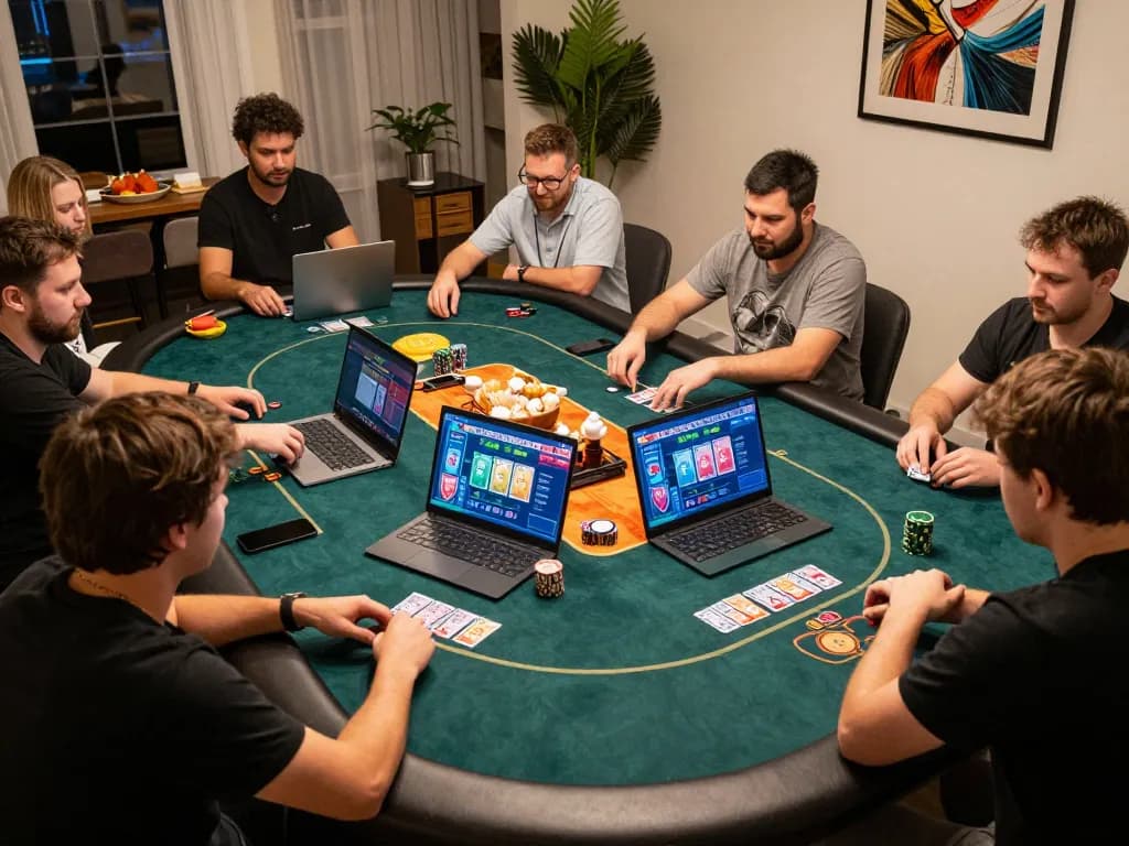 Engaging online poker game session on 388bet with players strategizing under warm home lighting