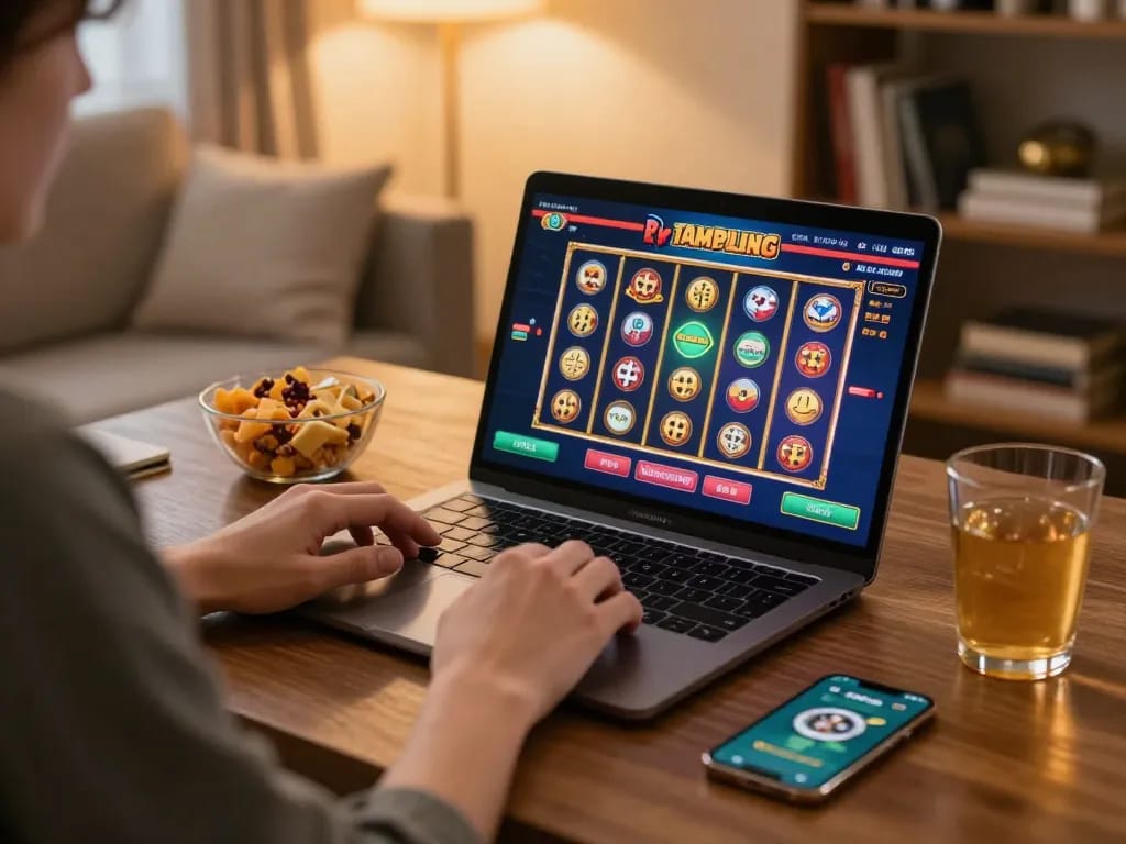 Player enjoying an exciting slot game on a laptop in a cozy home setting, showcasing responsible gambling.