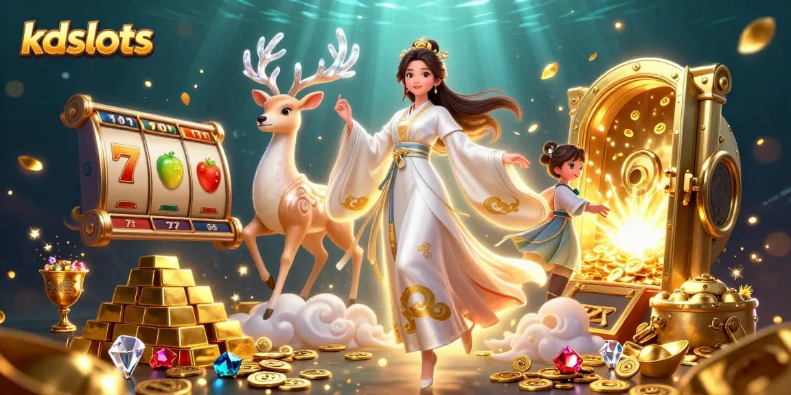Experience kdslots with an engaging illustration of immersive slot gaming elements and dynamic characters.