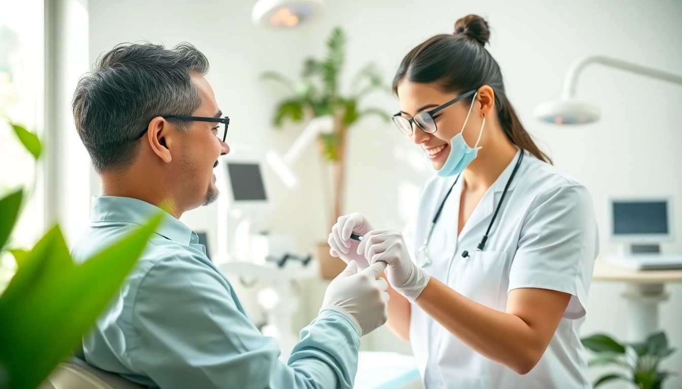 Emphasizing newsmilelife, a professional dentist carefully examines a patient in a modern clinic.