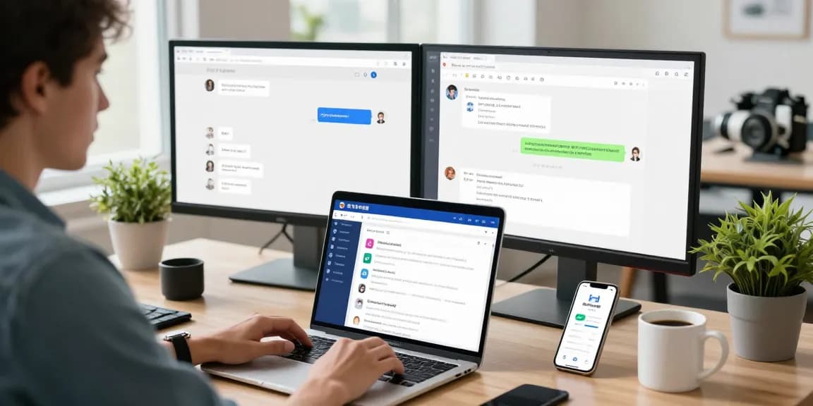 Using 纸飞机中文版官网 in a modern digital workspace with laptop and dual monitors.