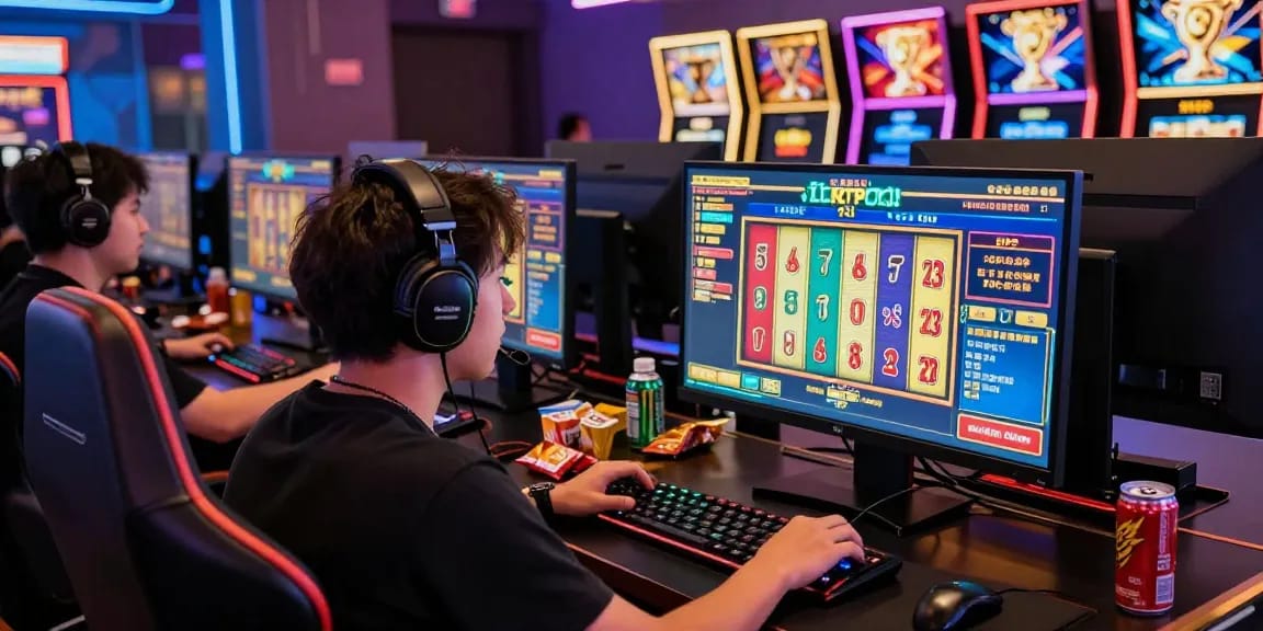 Playbook88 online gaming experience showcasing a player engaged with high RTP slot games in a vibrant setting.