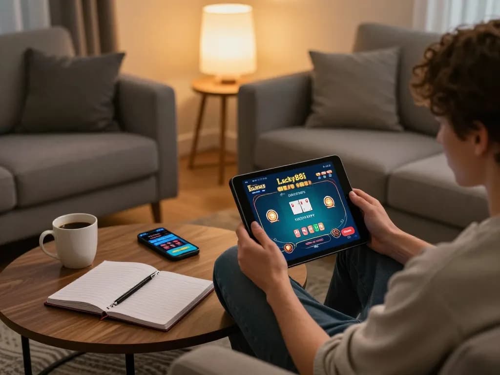 Engaging in lucky88i poker gameplay from a cozy home setup, highlighting strategic wagering in comfort