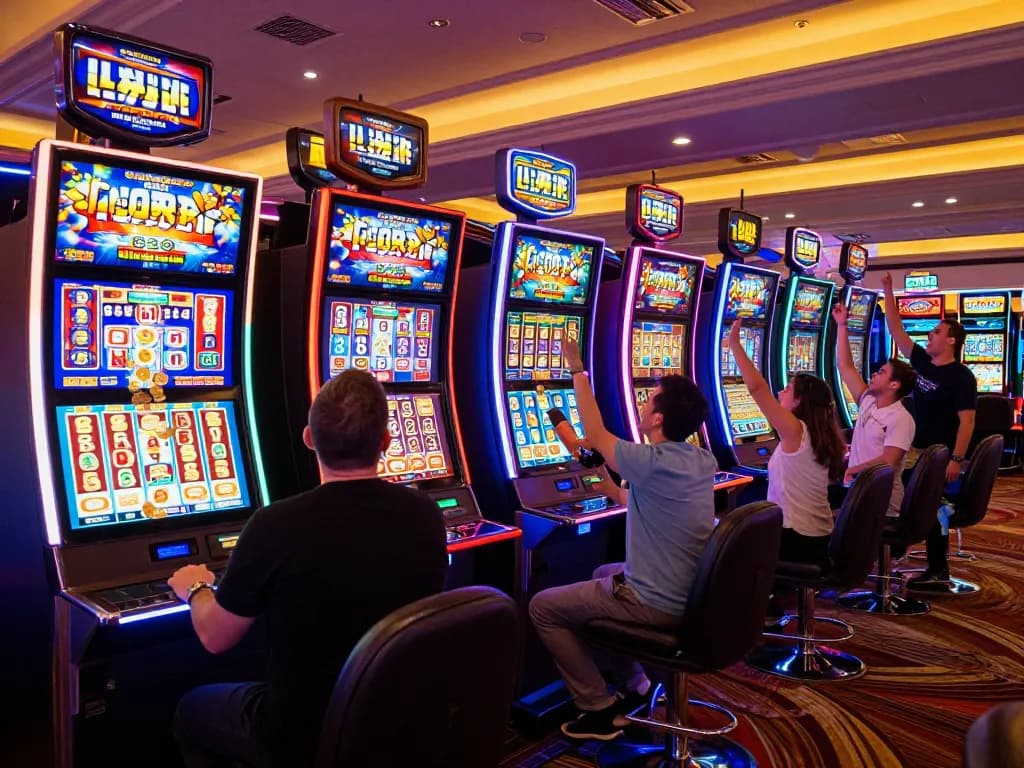 Players celebrating big wins at vibrant slot machines in the win678 casino