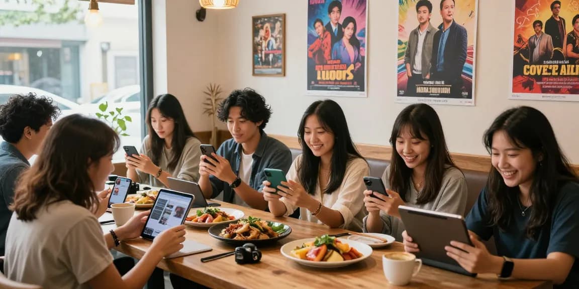 Engaging moment at https://hanadultalk.com showcasing diverse individuals enjoying Asian culture through technology in a vibrant cafe setting.