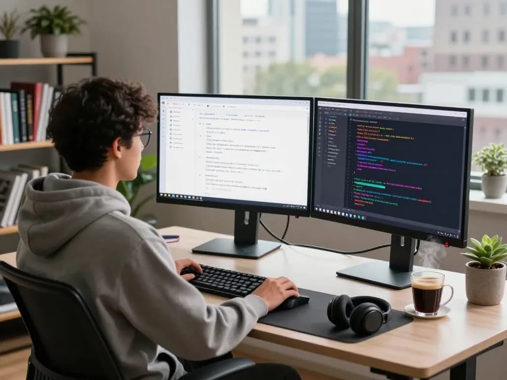 Developer interacting with ClawdBot AI on dual monitors in a modern tech workspace with coffee.