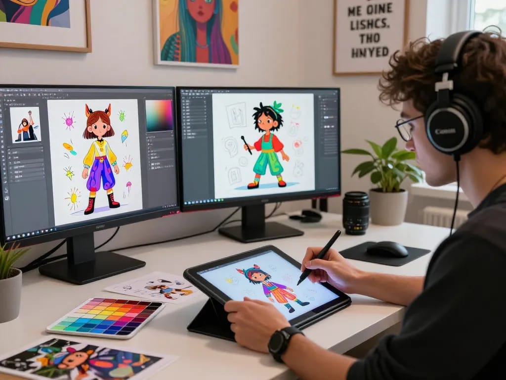 Creating innovative NSFW AI illustrations in a vibrant digital studio.