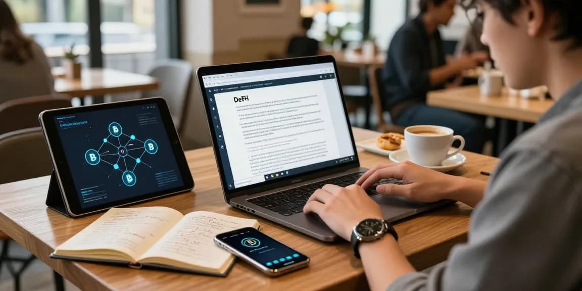 Bitcoin mining website educational scene in a café with crypto research materials