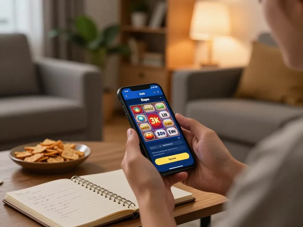 Engaging in slot depo 3k gaming on smartphone at home with strategy notes and cozy environment.