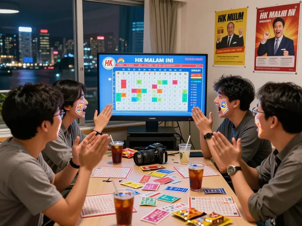 Excited group celebrating HK Malam Ini lottery results with colorful charts and lottery tickets.