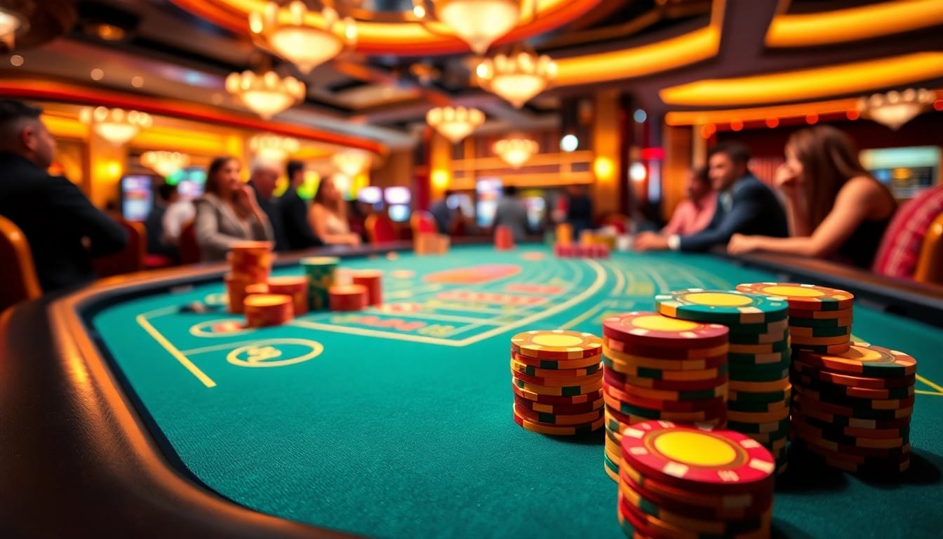 Link alternatif login totoplay88 captures a vivid casino atmosphere with gaming tables and vibrant chips.