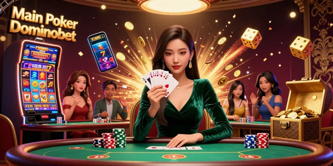 Main Poker Dominobet showcases a stunning poker setup with an Asian woman at a luxury table, emphasizing thrilling gameplay.