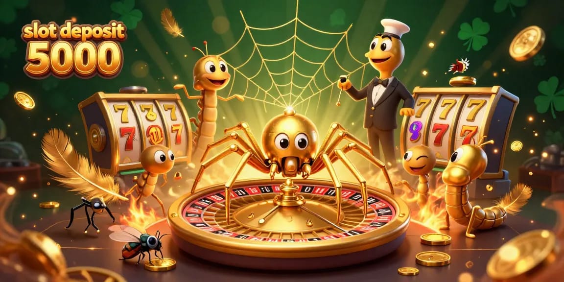 Engaging scene showcasing slot deposit 5000 with a golden spider and betting fly at a roulette wheel.