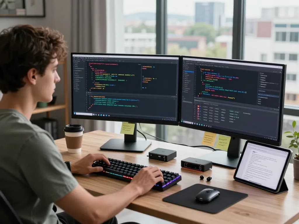 Engaging workspace with programmer using Moltbot AI tools on multiple screens during development.