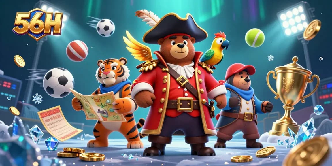 Experience exciting gaming action with 56H's vibrant bear pirate, tiger first mate, and golden parrot.