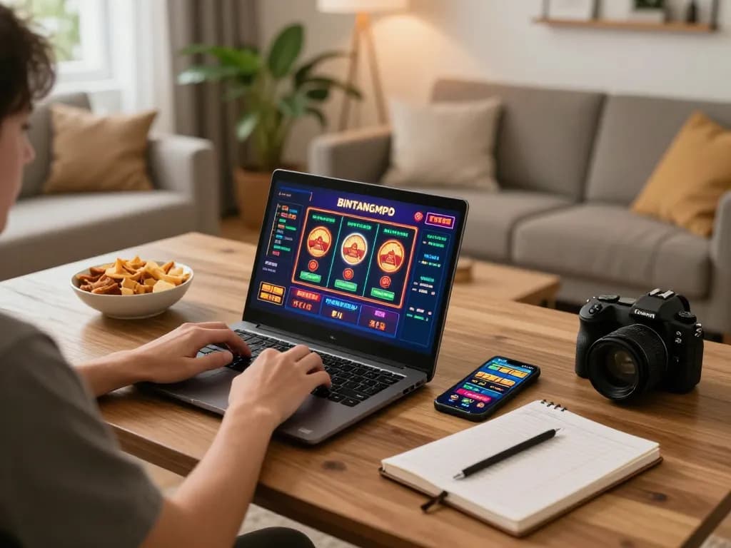 Pemain Bintangmpo menikmati permainan slot online di laptop mereka di lingkungan rumah yang nyaman.