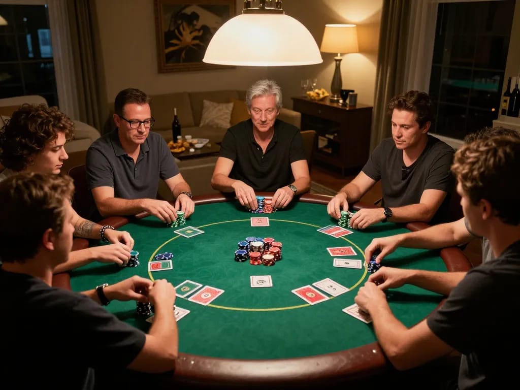 A group of friends playing intense poker at home, showcasing strategic agen toto gameplay and competitive spirit.