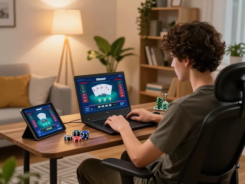 Engaging in strategic online gameplay at 789winf with poker cards and chips in an inviting home setting.