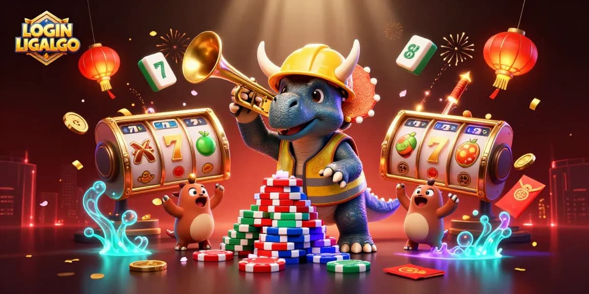 Experience LOGIN LIGALGO with dynamic poker chip building and festive gambling elements.