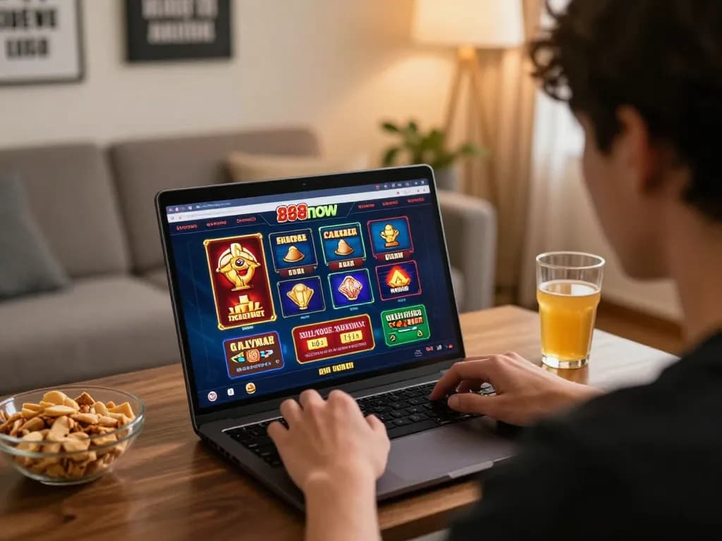 Player engaging with online 888now casino, showcasing an immersive home gaming experience.